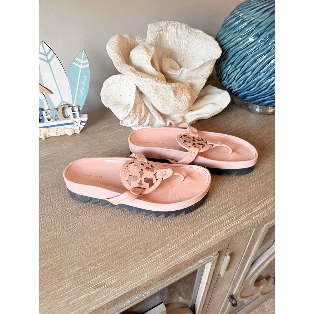 Tory Burch Miller Cloud Sandals Womens Pink Leather Platform Thong 6.5